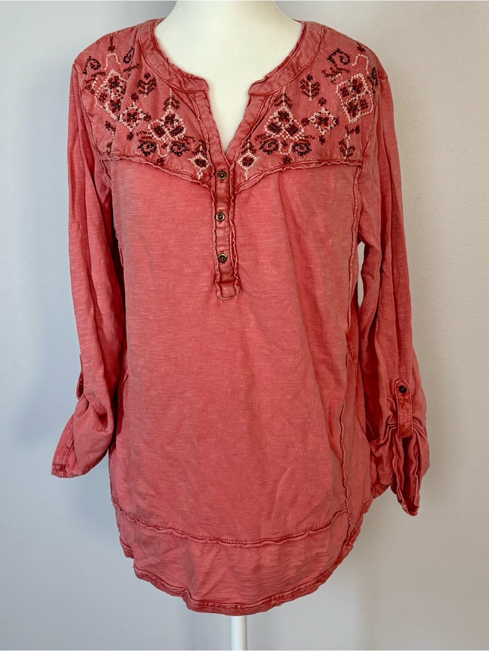 Style & Co. Coral Embroidered Henley Tunic